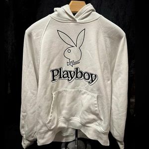 Vintge 90s White Playboy Logo Hoodie PacSun Sweatshirt Front Pocket Oversized S‎